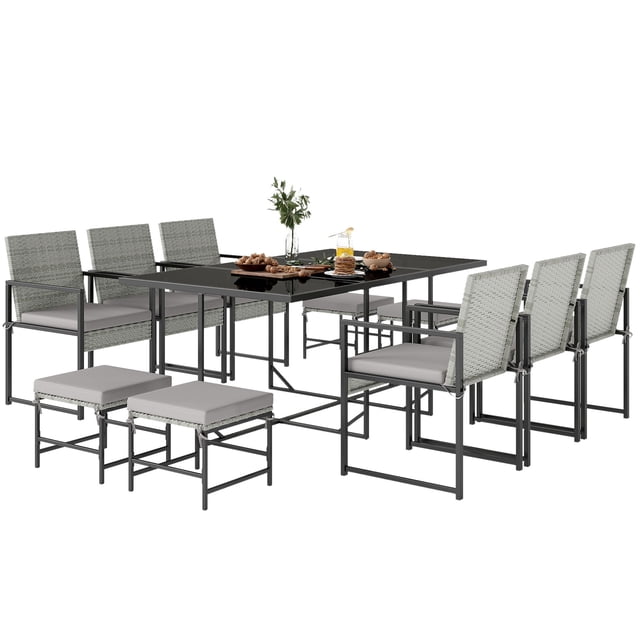 11-Piece Wicker Patio Dining Set, Light Grey PE Rattan Outdoor Furniture with 64.6" Glass Top Table, 6 Armchairs & 4 Stools, Large Garden Seating Set for Backyard or Patio