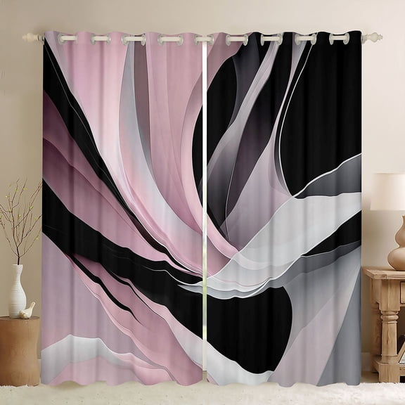 Manfei Contemporary Abstract Kitchen Curtains, Watercolor Aesthetic Black Out Curtains Pack of 2 (42x63 Each), Pink, Black and Gray