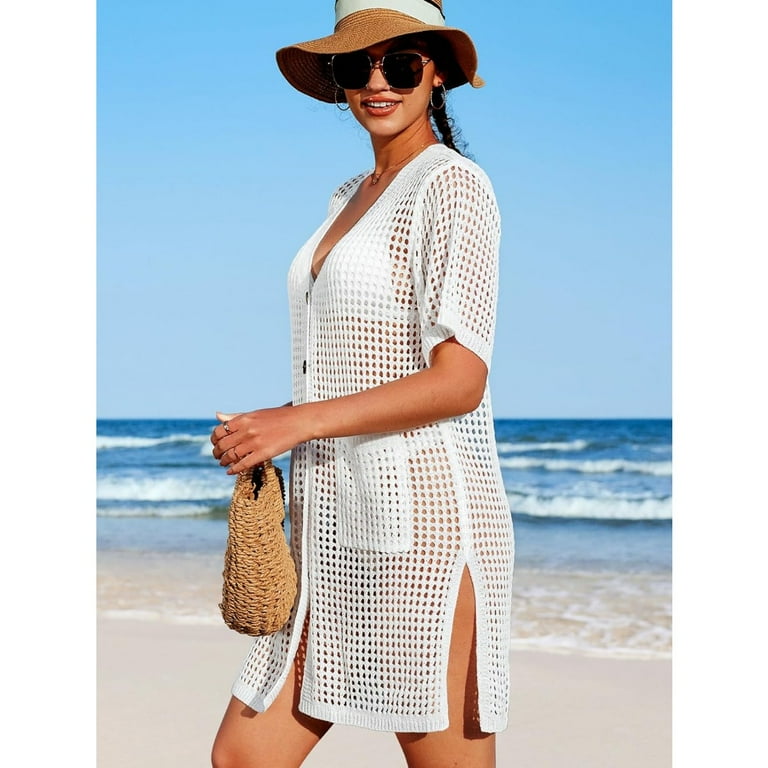 Beautyin Swimsuit Cover up Hollow Out Women Button down Crochet Beach Dress Side Split Swim Bathing Suit Coverups with Pocket Swimwear Walmart