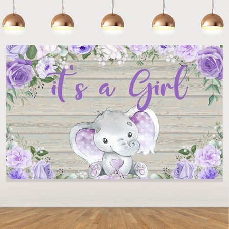 Image of Elephant Girl Baby Shower Decorations Elephant Baby Backdrop Purple Floral Elephant Photography Backdrop Girl Elephant Baby Girl Baby Shower Party Decorations Photoshoot Props 4.9x3.2ft