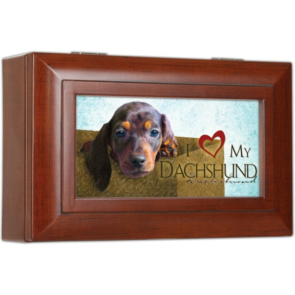 I Love My Dachshund Dog Cottage Garden Woodgrain Petite Jewelry Music Box - P...