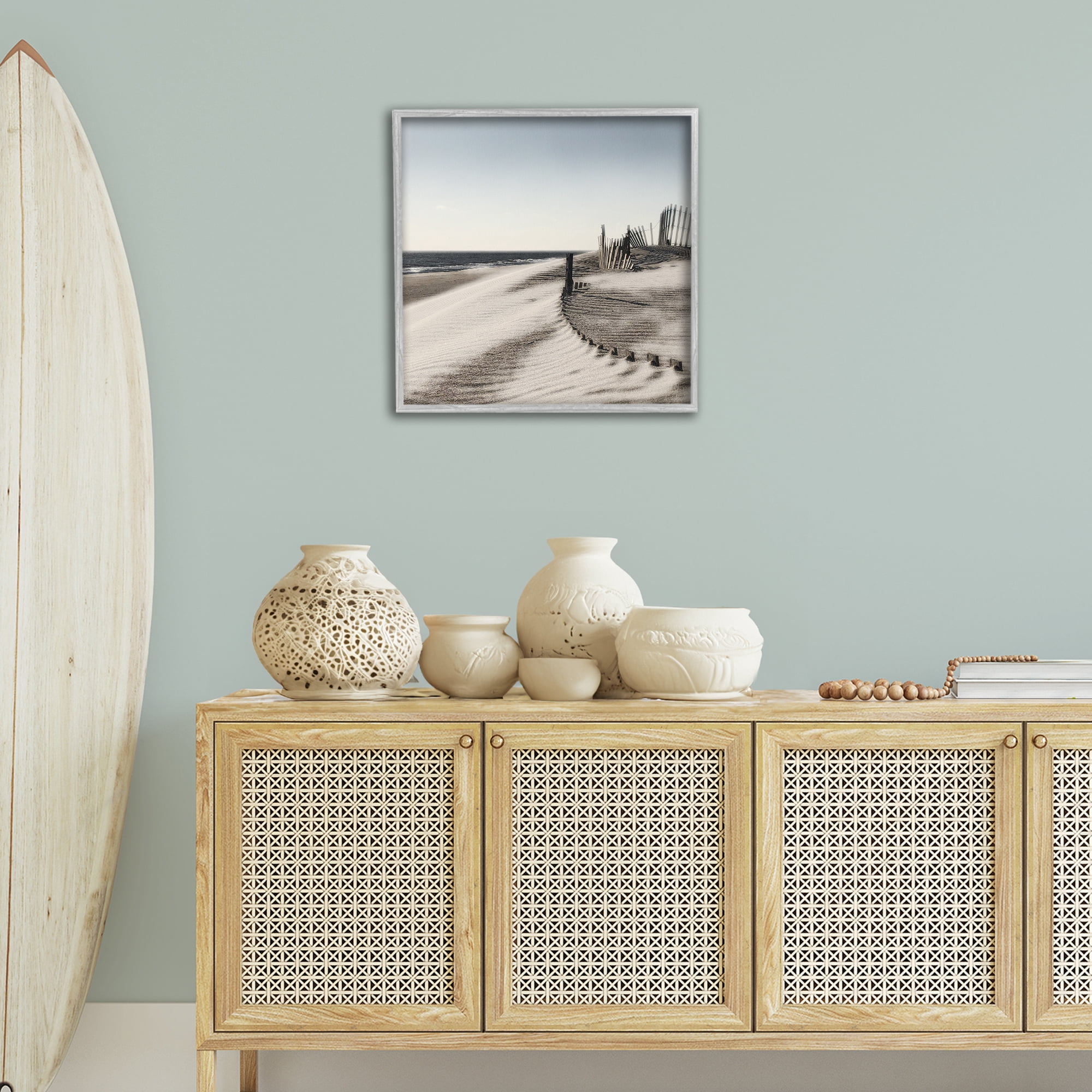 Stupell Industries Rippled Beach Fence Landscape Painting Gray Framed Art Print Wall Art, 24 x 24