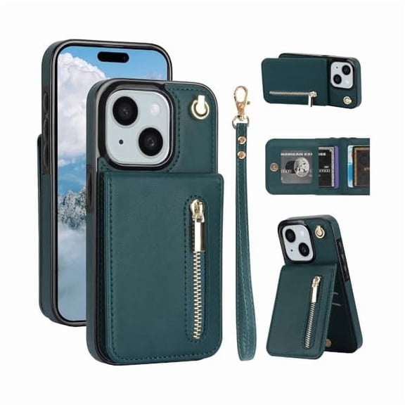 YJJSKEJI Case for iPhone 15 Wallet with Card Holder,RFID Blocking Protective Cover for Women,PU Leather Lanyard Strap Wristlet Zipper Pocket Kickstand Flip Case for iPhone 15-Green