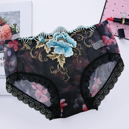 

opvise Women Panties Rose Embroidery Flower Print Mid Waist Stretch See-through Lace Sexy Briefs Blue L