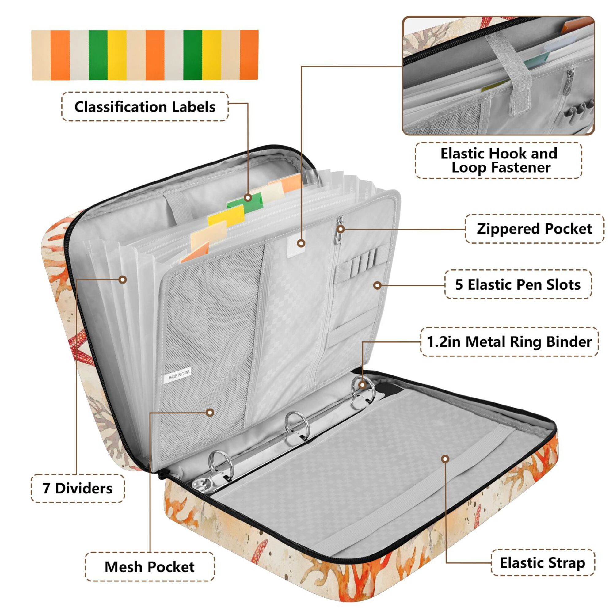 FORMRS Accordion File Folder A4 Size 7-Pocket Expanding Document Organizer Bag with 3 Ring Binder, Orange Starfish