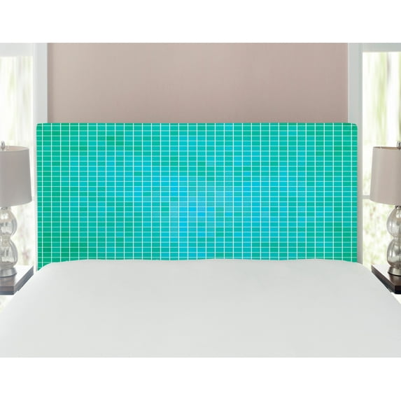 Teal Headboard, Square Pixel Like Mosaic Pattern Simplistic Modern Contemporary Design Illustration Print, Upholstered Decorative Metal Bed Headboard with Memory Foam, Full Size, Green, by Ambesonne