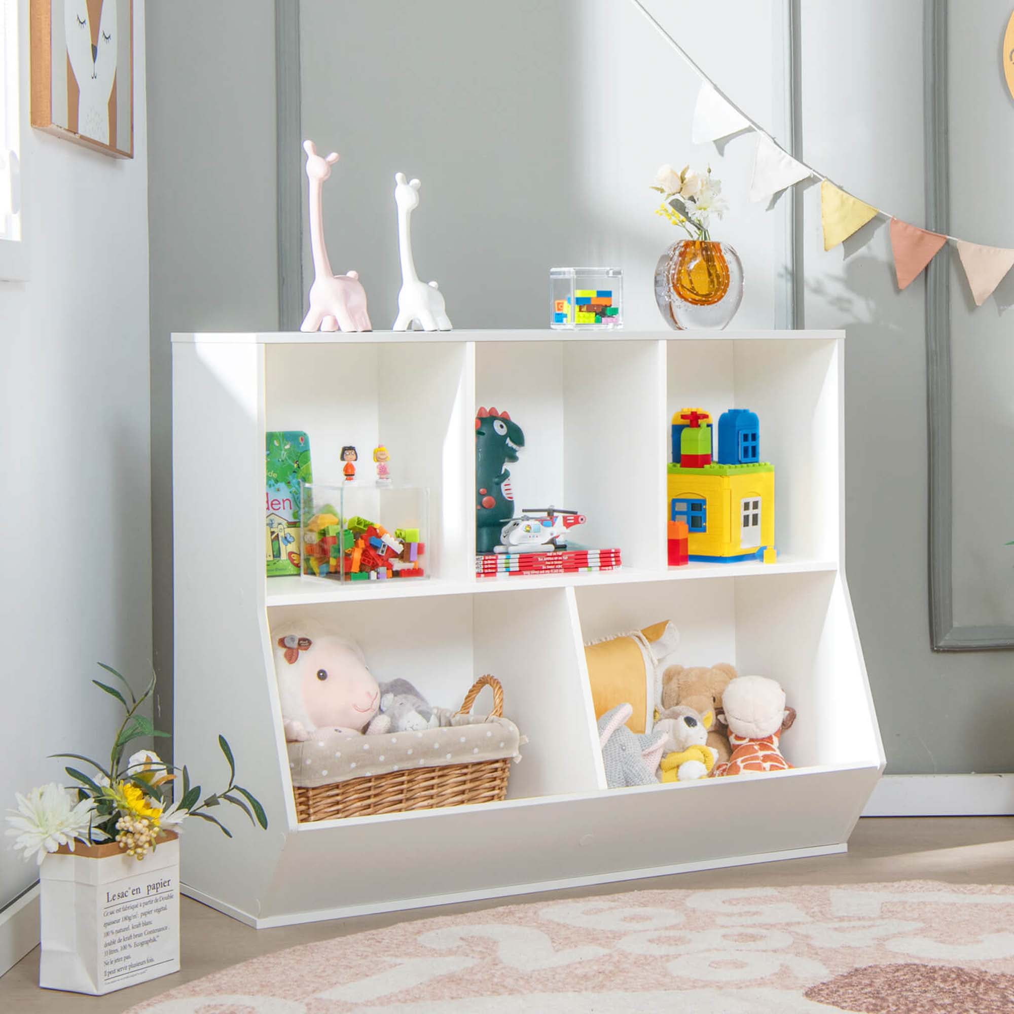 Costway 5-Cubby Kids Toy Storage Organizer Wooden Bookshelf Display Cabinet White