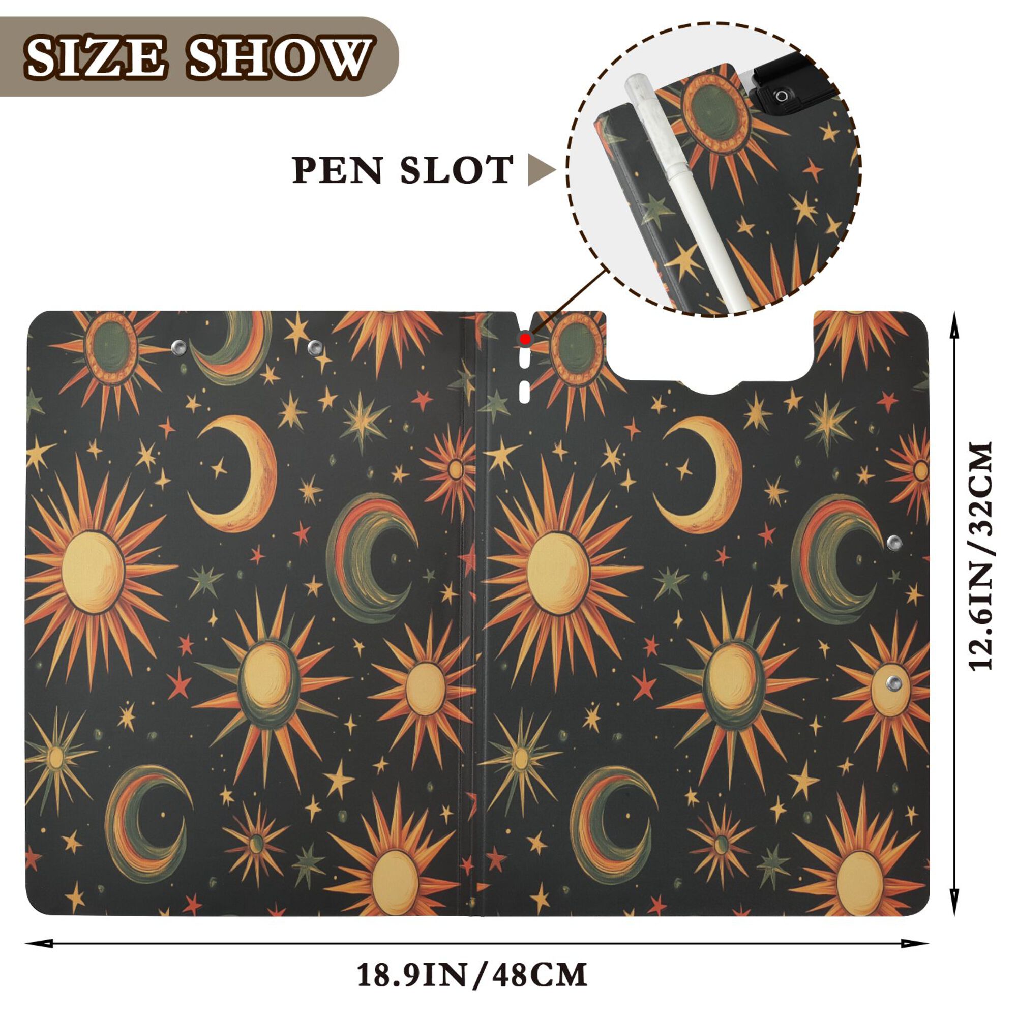 FORMRS A4 Clipboard Folder with Pen Holder Horizontal Foldable School Office Binder, Sun Moon and Stars Pattern