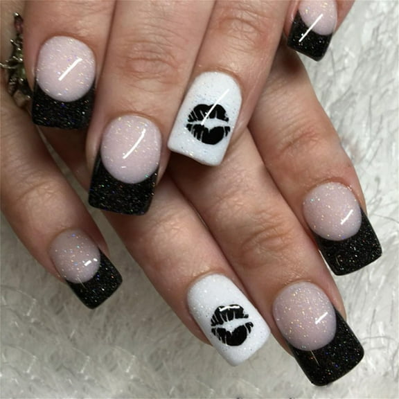 Square Press on Nails Glitters Fake Nails on Nails in 12 Sizes,24Pcs French Nails Tips for Nails Art Decorations