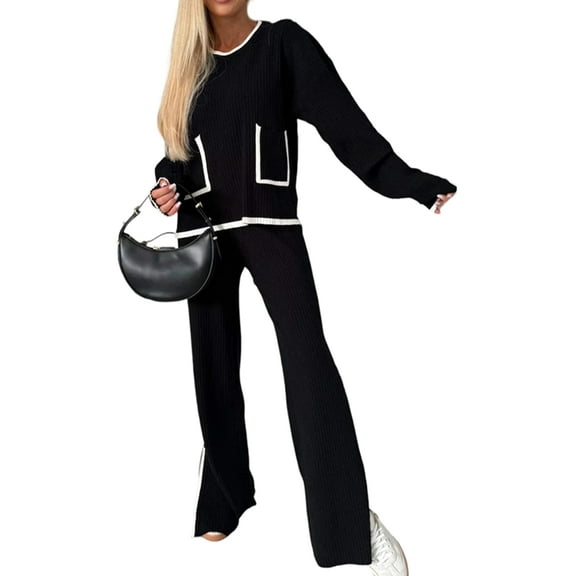 Women'S 2 Pcs Set Casual Long Sleeve Knit Pullover Top and Wide Leg Pants Sweatsuit Lounge Sets Black XXXL