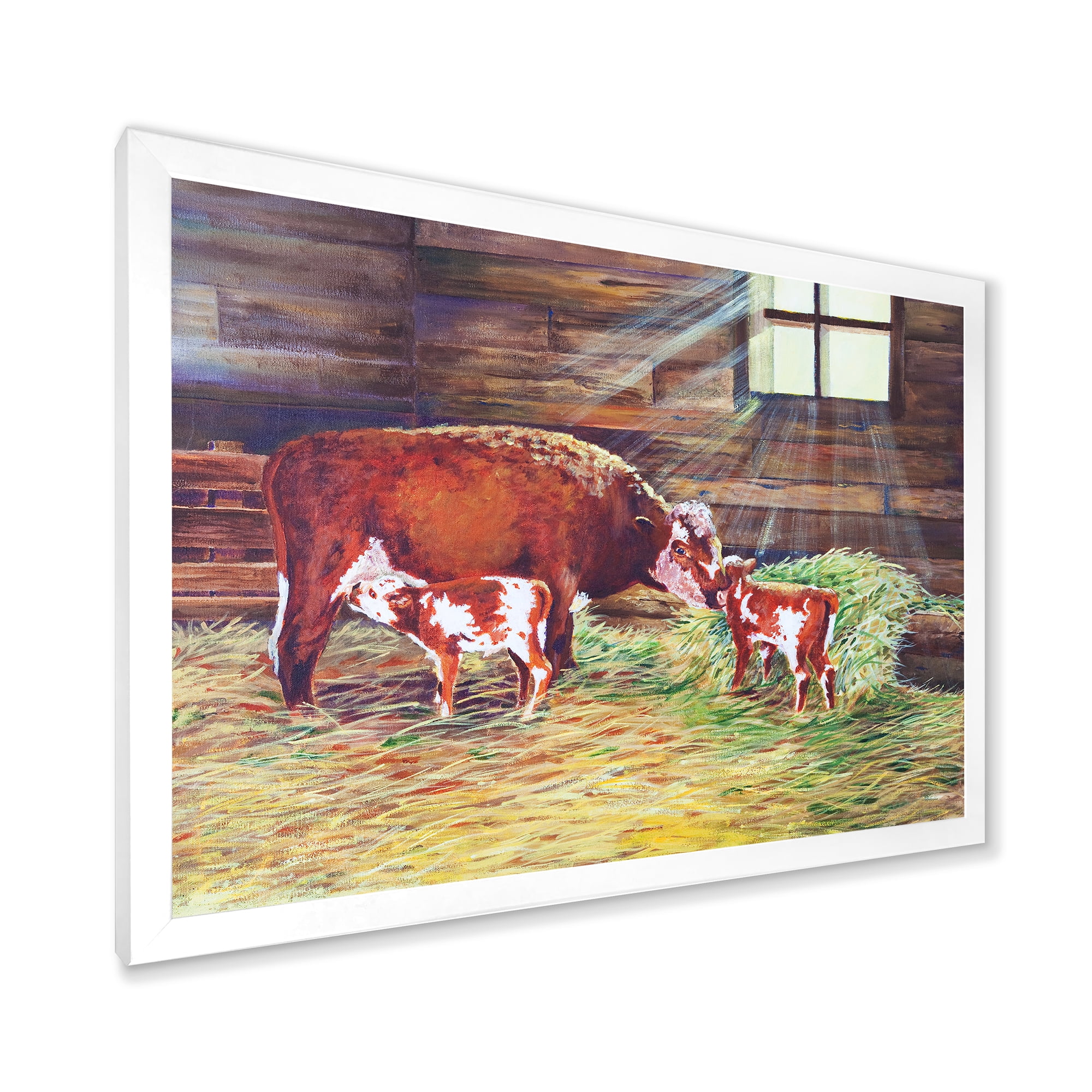 Designart 'Newborn Twin Calves With Cow At The Farm' Farmhouse Framed Art Print