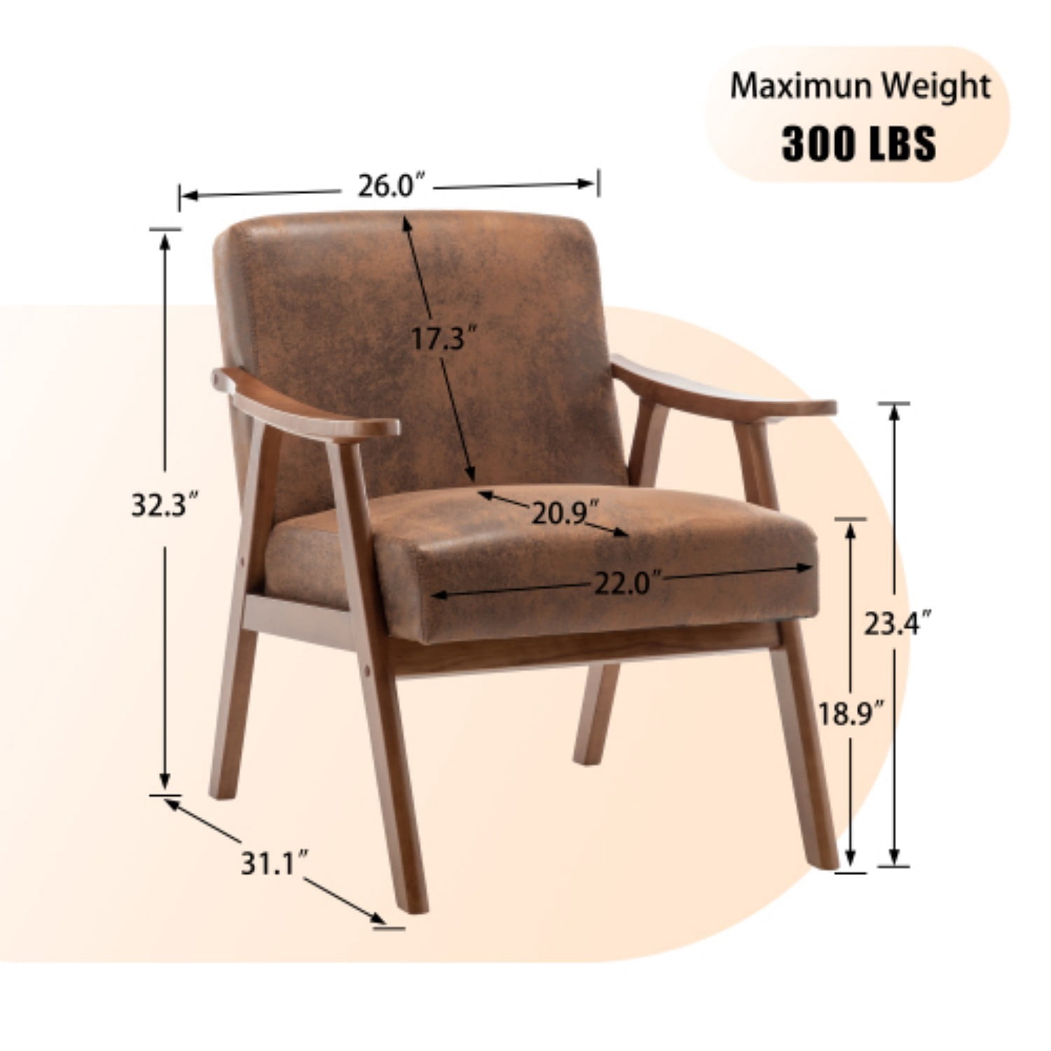 Mid-Century Modern Accent Chair, Upholstered Wingback Living Room Chair with Solid Rubber Wood Frame, Velvet Reading Chair with Thick Cushions for Bedroom, Lounge, Office, Indoor, Brown
