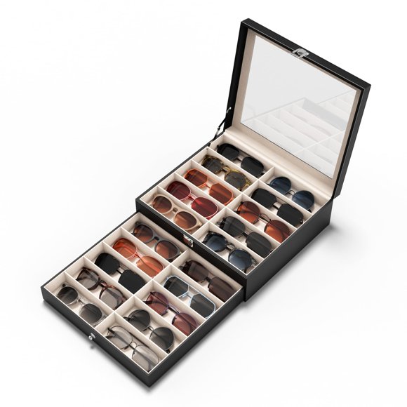 Organizador de gafas NEWLOOP de 20 compartimentos, cuero PU, tapa con protección UV