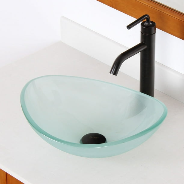 Elite 1416 Unique Oval Frosted Tempered Glass Bathroom Vessel Sink