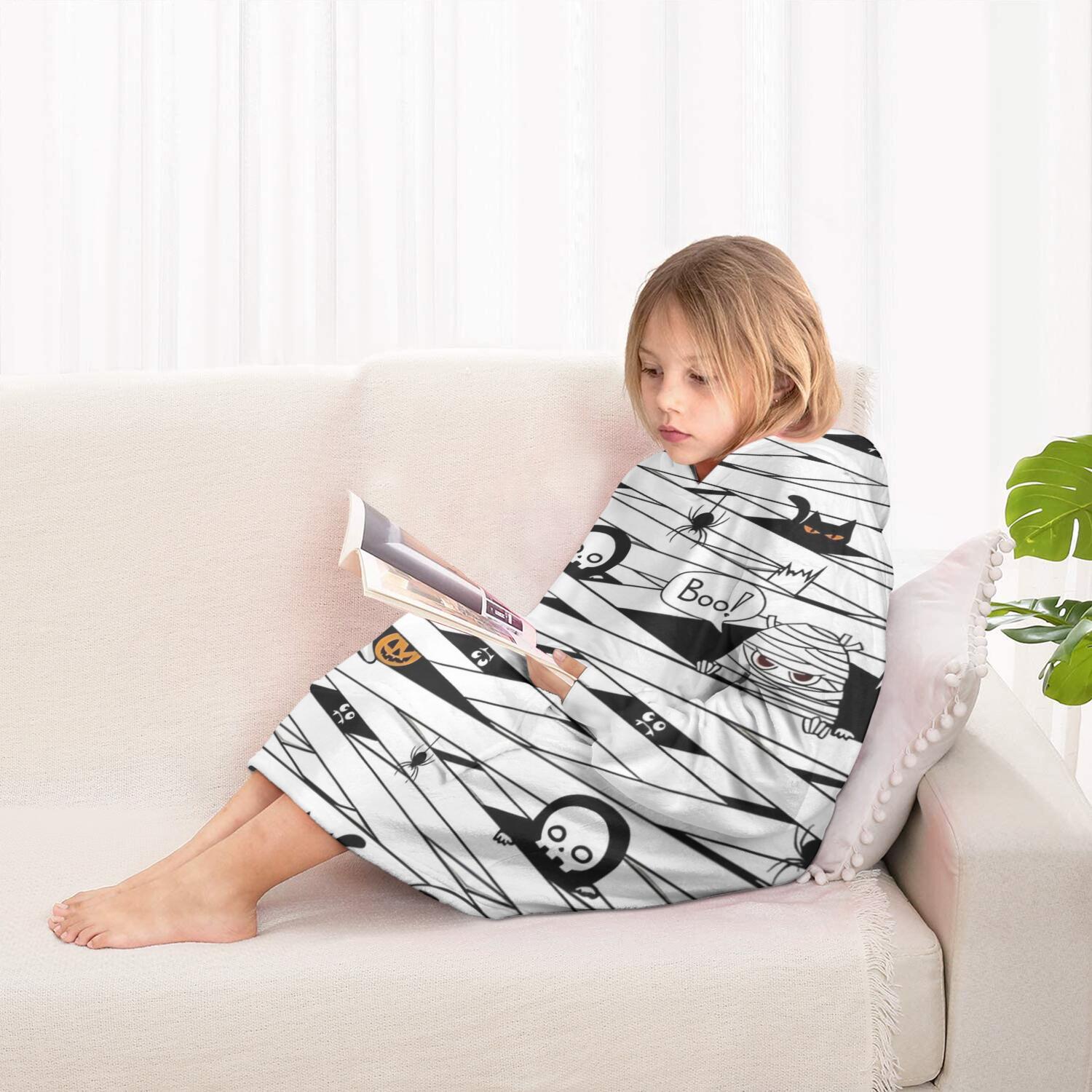 Spooky Halloween Pattern Blanket Hoodies for Kids 6-13YR Oversize Wearable Blanket Hoodies for Boys Girls Teens