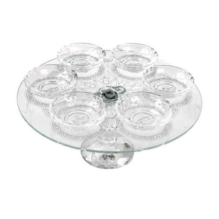 

Seder Plate Crystal Designed with Silver Swirls and 6 Elevated Bowls