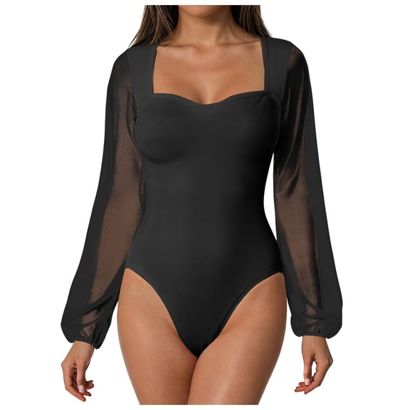 Ribbed Long Sleeve Body Suits Women Mesh Square Neck Leotard Stretch Slim Fit Sexy Thong Bodysuit Shirts Tops