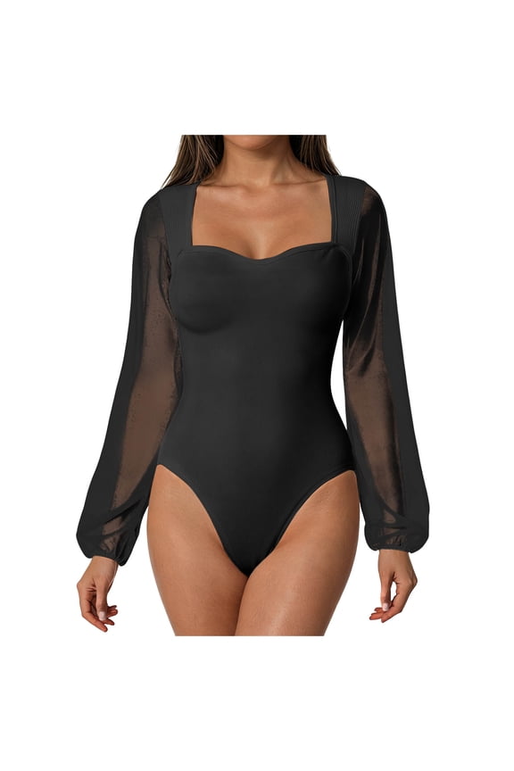 Ribbed Long Sleeve Body Suits Women Mesh Square Neck Leotard Stretch Slim Fit Sexy Thong Bodysuit Shirts Tops
