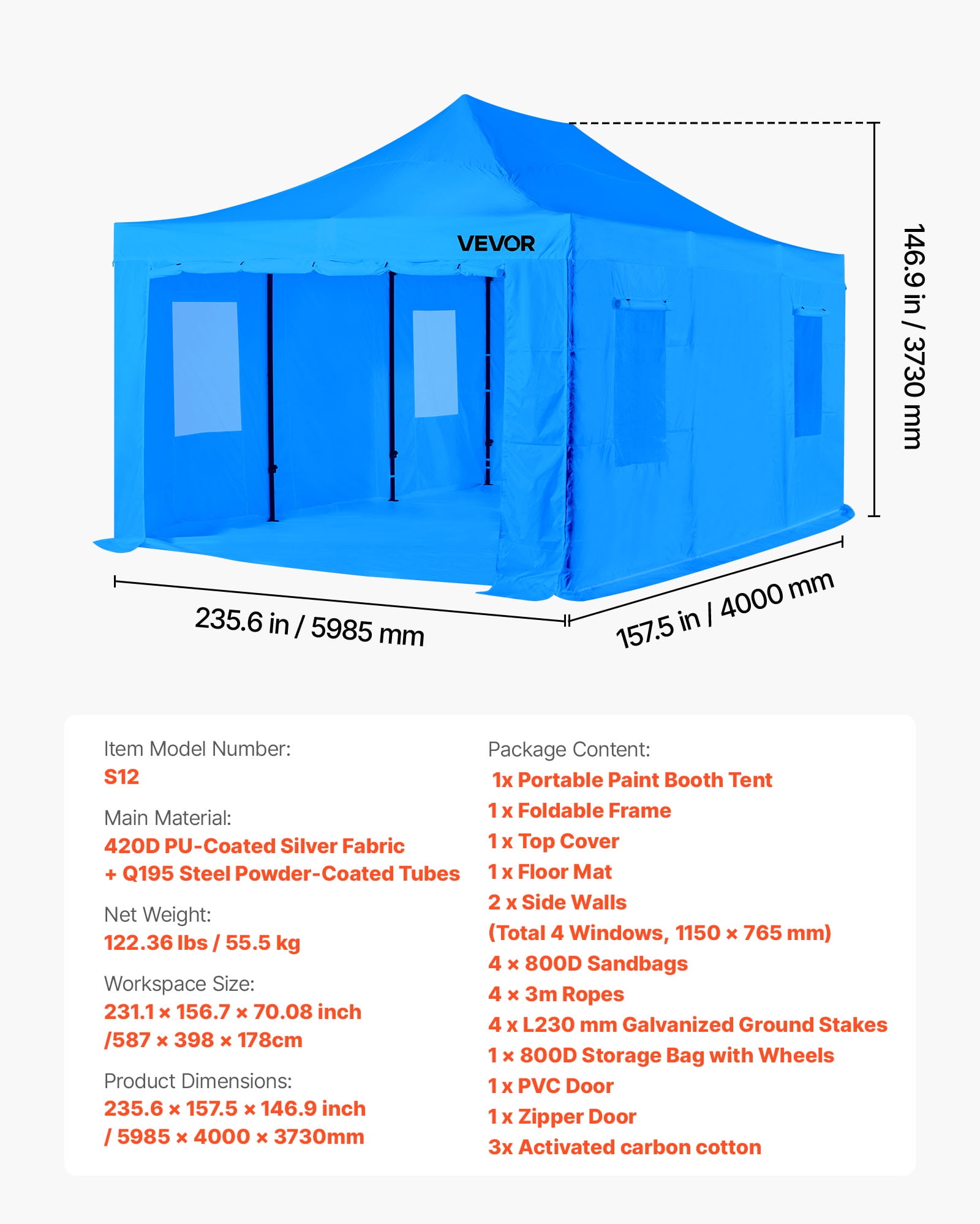 VEVOR Portable Paint Booth Tent, 231.1 x 156.7 x 70.08 inch Portable Garage Spray Tent, Waterproof Spray Booth with Foldable Frame Design & 4 Mesh Side Windows for Auto Parts, Furniture, Car Painting