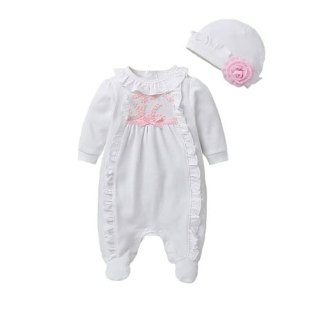 

Qiylii 2Pcs Baby Girl Romper+Hat Long Sleeve Ruffle O neck Bodysuit Outfits