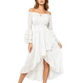 thumbnail image 2 of Karymi Off Shoulder Maxi Dress, Ruffle Trim Drawstring Tiered Bell Sleeve Smocked Waist Irregular Ruffle Flowy Halloween Party Gown Maxi Dresses for Women, 2 of 4