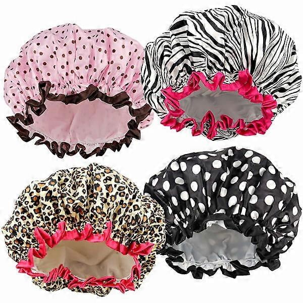 4 Pcs Women Shower Caps Elastic Reusable Eco-Friendly Hair Bathing Caps Double Waterproof Layer Bath Cap