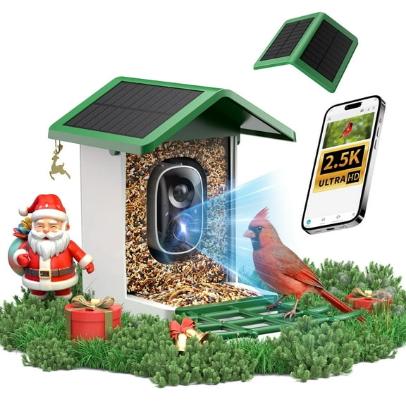 isYoung Smart Bird Feeders with Camera, Solar Powered Panel, AI Bird Species Recognition, 2.5K HD Video, 1.2L Food Capacity, Outdoor Bird House for Garden, Ideal Gift for Bird Lovers, Green