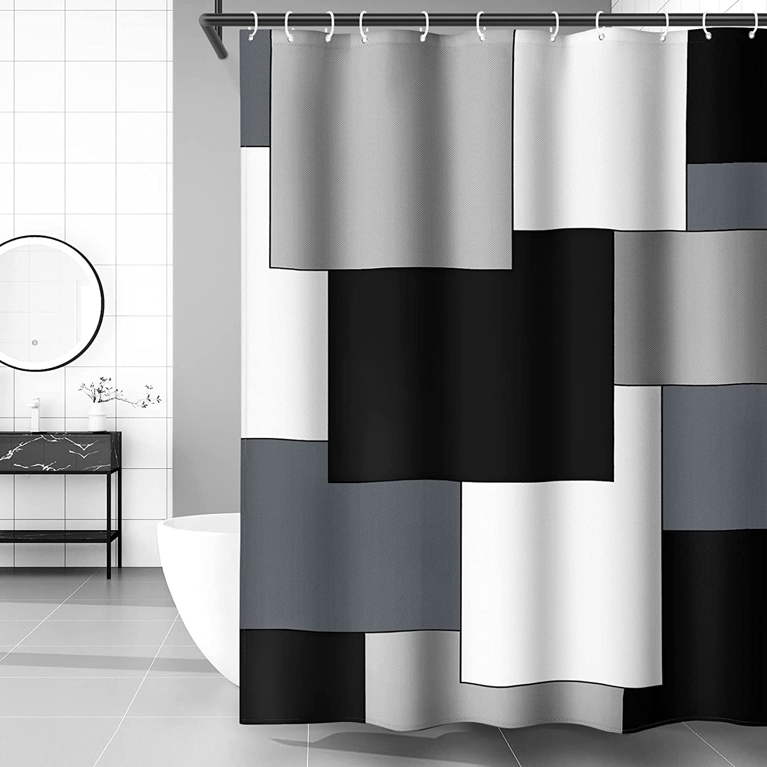 White and Black Shower Curtain Mordern Geometric Gray Shower Curtains for Bathroom 72 x 72 Inches