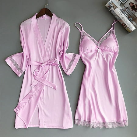 Brilliant Pajamas for Women Plus Size New Satin Silk Pajamas Nightdress Women Robes underwear Sleepwear Lingerie Pink XL