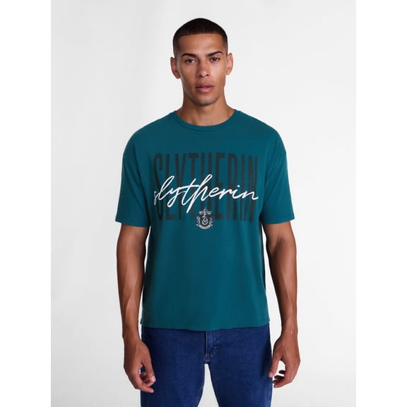 Harry Potter Slytherin Script Men’s Graphic Cotton Tee with Short Sleeves, XS-XL