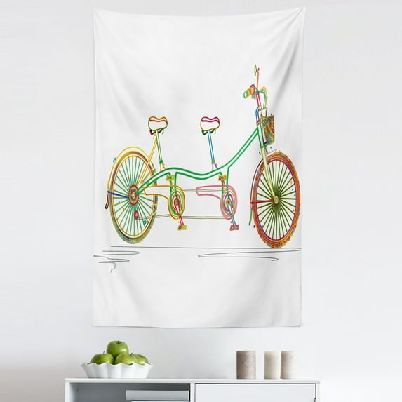 Multicolor Tapestry, Colorful Tandem Bicycle Design on White Background Pattern Clipart Style Print, Fabric Wall Hanging Decor for Bedroom Living Room Dorm, 5 Sizes, Multicolor, by Ambesonne