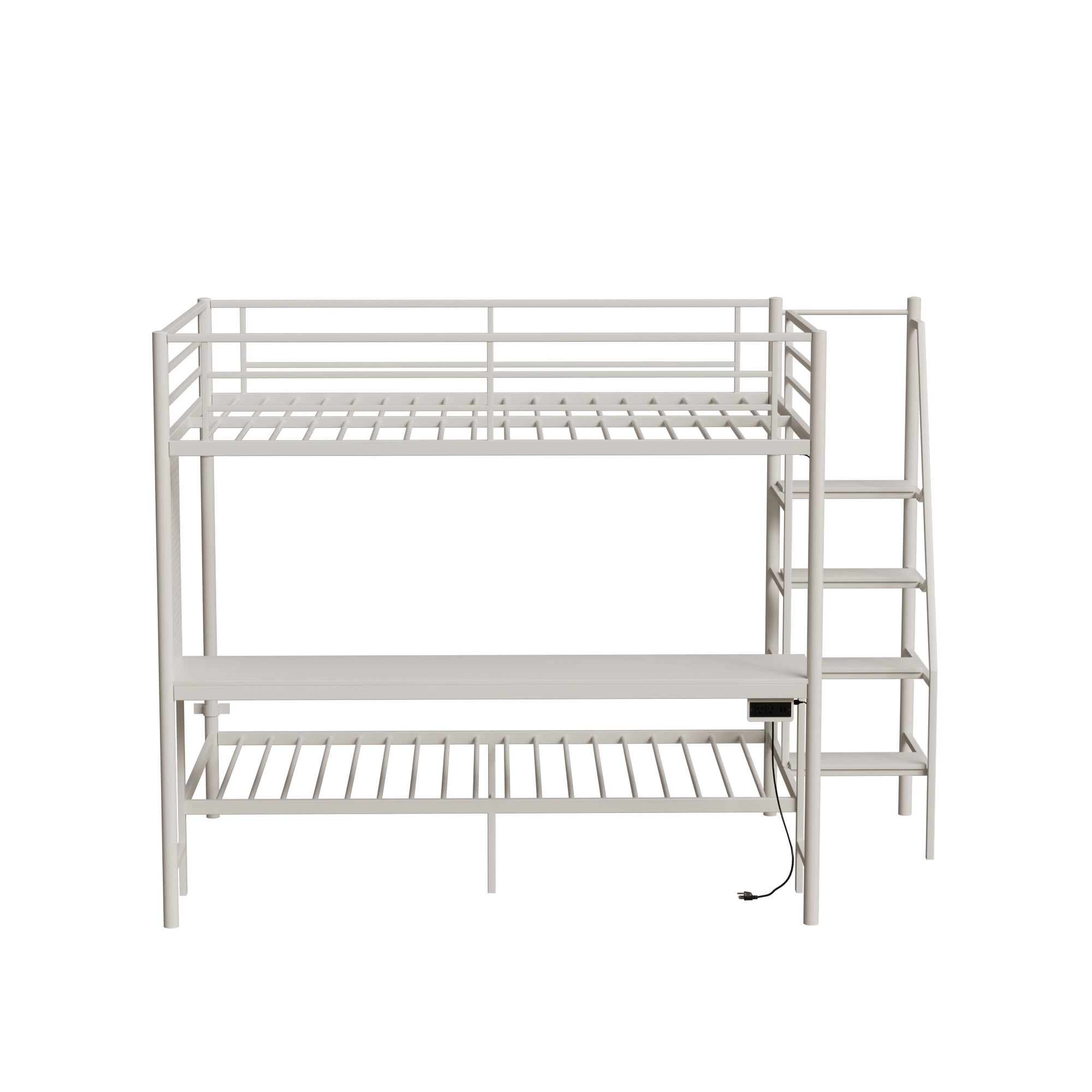 Leumius Full over Full Bunk Bed with Desk and Storage Stairs,Metal Bed Frame with Full Length Guardrails and Ladders, White