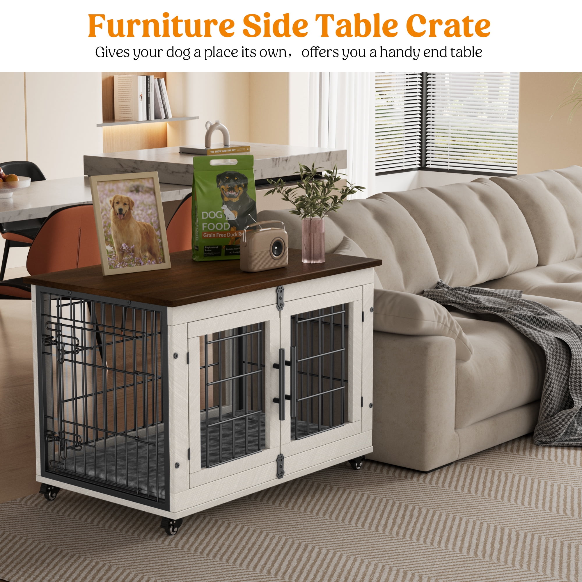 Aufeile Dog Crate Furniture with Wheels, 32 in Wooden End Table Dog Cage with 2 Doors and Removable Cushion, Indoor Pet Kennel for Medium Breeds, White