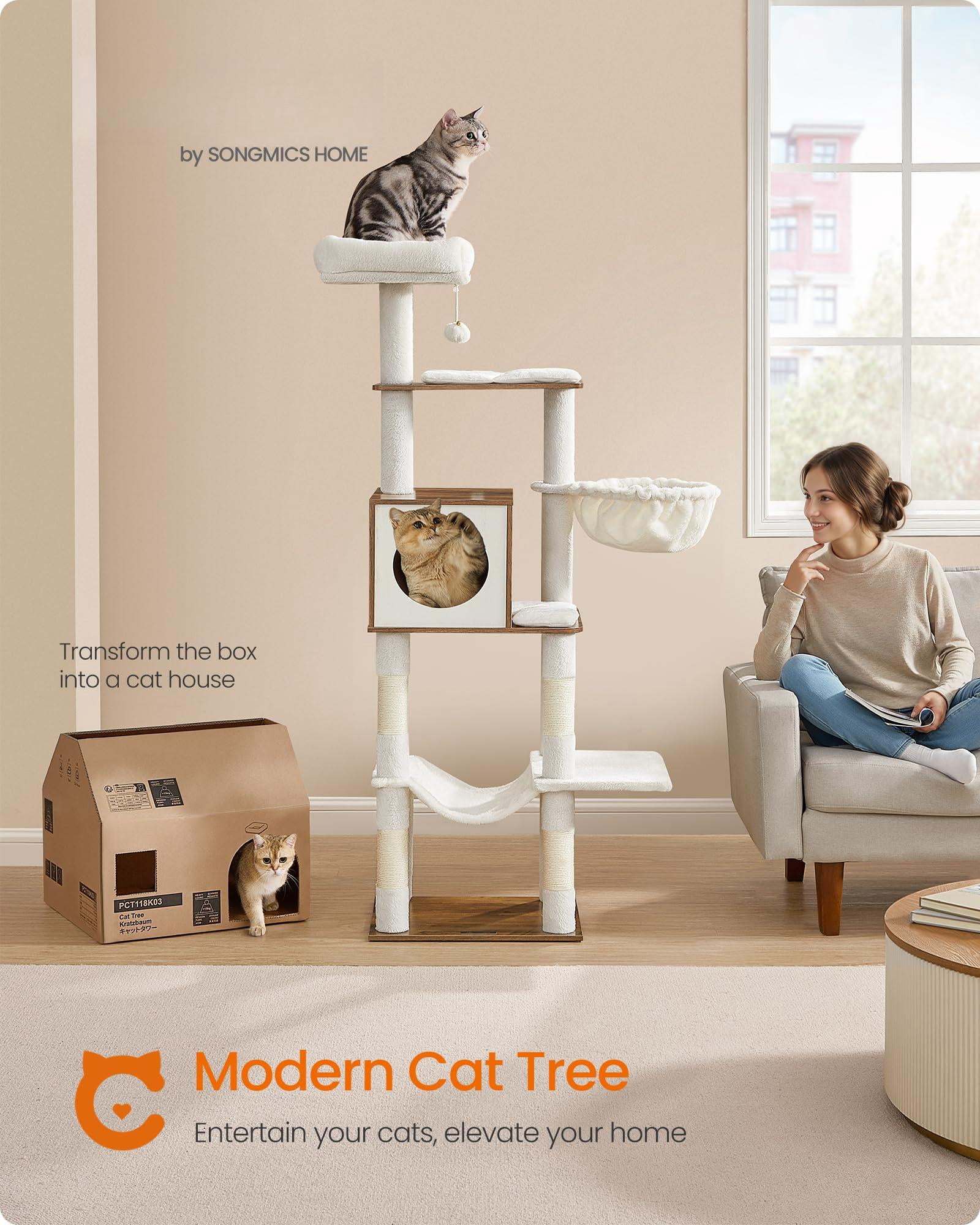 Cat Tree  65-inch Tall Tower Multi-level Condo With Cave Basket Hammock Pompom Posts Honey Brown Upct118k03