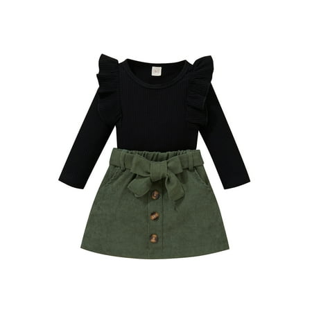 

Sunisery Infant Baby Girl Skirt Sets 2 Pieces Outfit Long Sleeve Ribbed Knitted Tops+Corduroy Bowknot Buttons Plaid Skirt