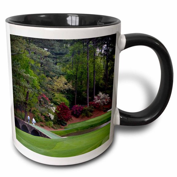 3drose, Amen Corner in Augusta Georgia - Golfers on Bridge, 11oz Two-tone Black Mug