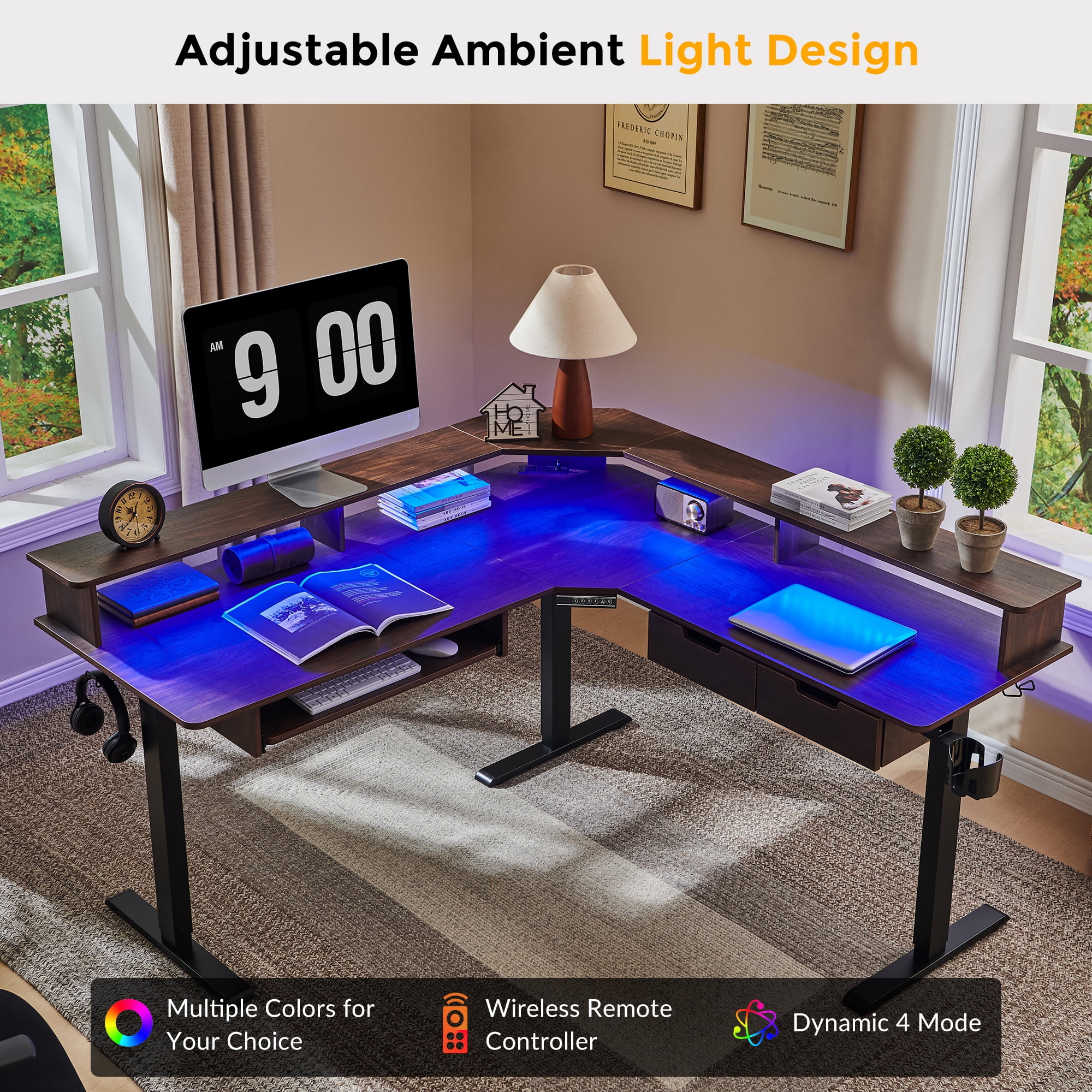 KeyWhat 60" L Shaped Standing Desk, Electric Height Adjustable Computer Desk with Shelves & Keyboard Tray & LED Strip & Power Outlets, Dark Walnut