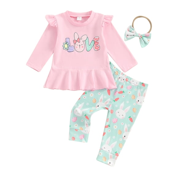Bagilaanoe 3pcs Toddler Easter Outfits Baby Girl Pants Set Print Long Sleeve Ruffled T-Shirt Tops Leggings Headband 6M 12M 18M 24M 3T Kids Casual Clothes