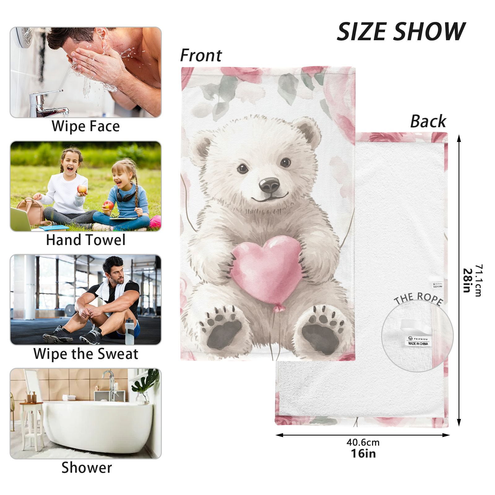 White Bear Floral Hand Towels Cotton Bath Towels Large Face Towels Absorbent for Bathroom 2 Packs