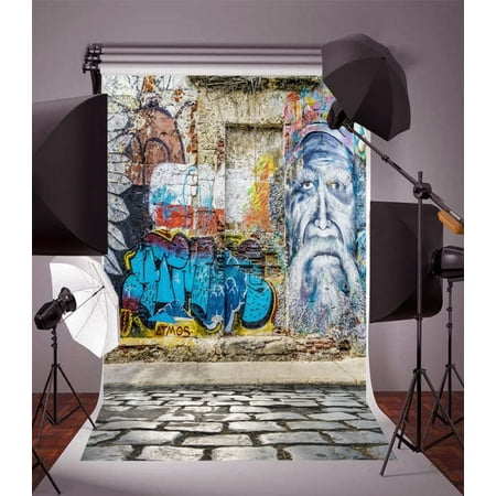 MOHome Polyster Backdrop 5x7ft Photography Background Old Man Image Stone Wall and Floor Graffiti-art Portraits Background Backdrop for Video Photo Studio