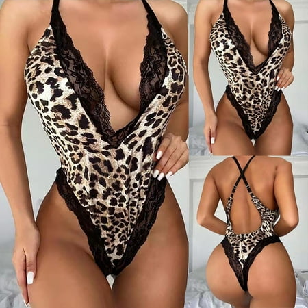 

Qcmgmg Teddy Deep V Lingerie for Women Sleepwear Nightgown Sexy Bodysuit Women Leopard Lace Chemise Babydoll L