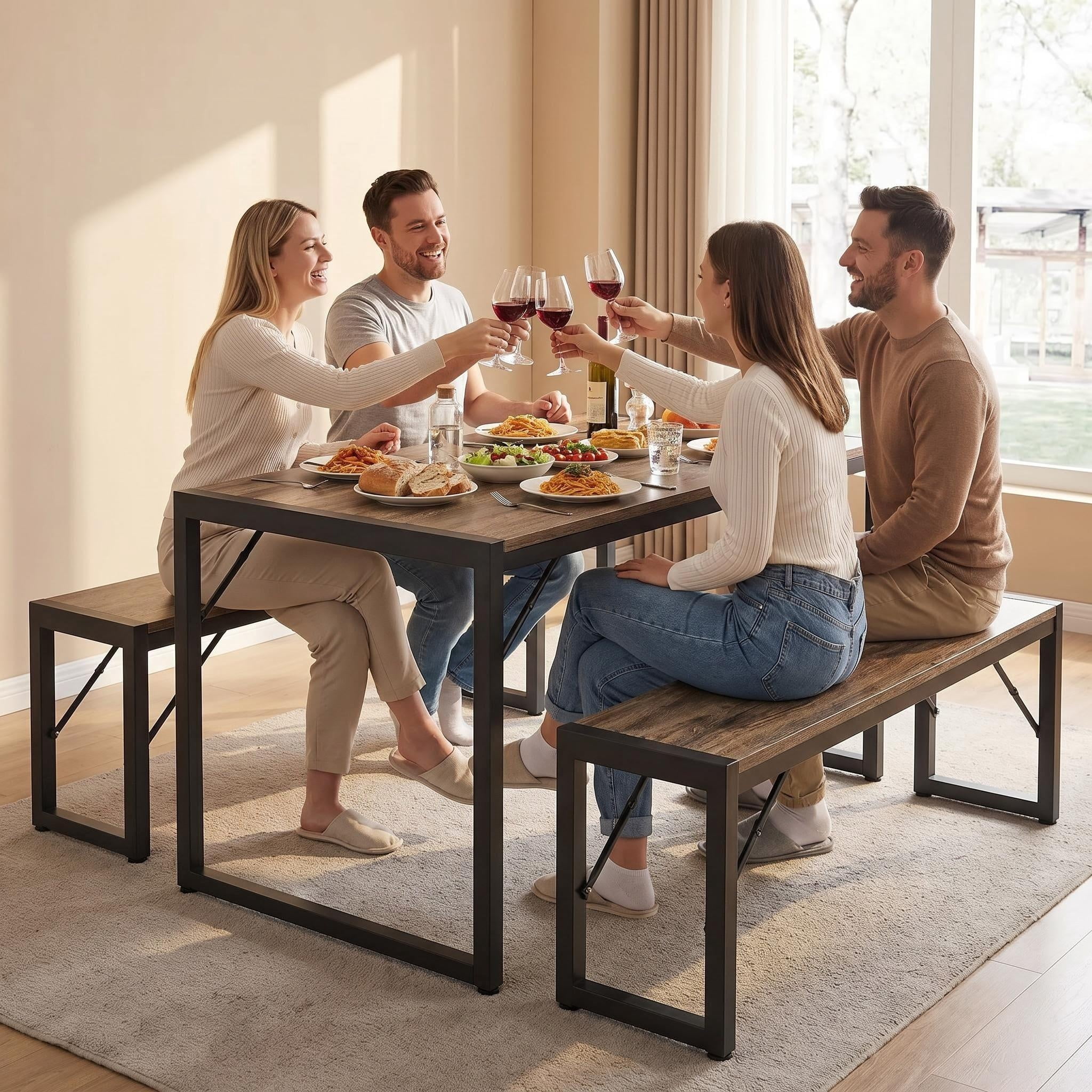Lofka 3-Piece Modern Kitchen Dining Table Set for 4 with 1 Table & 2 Benches, Gray