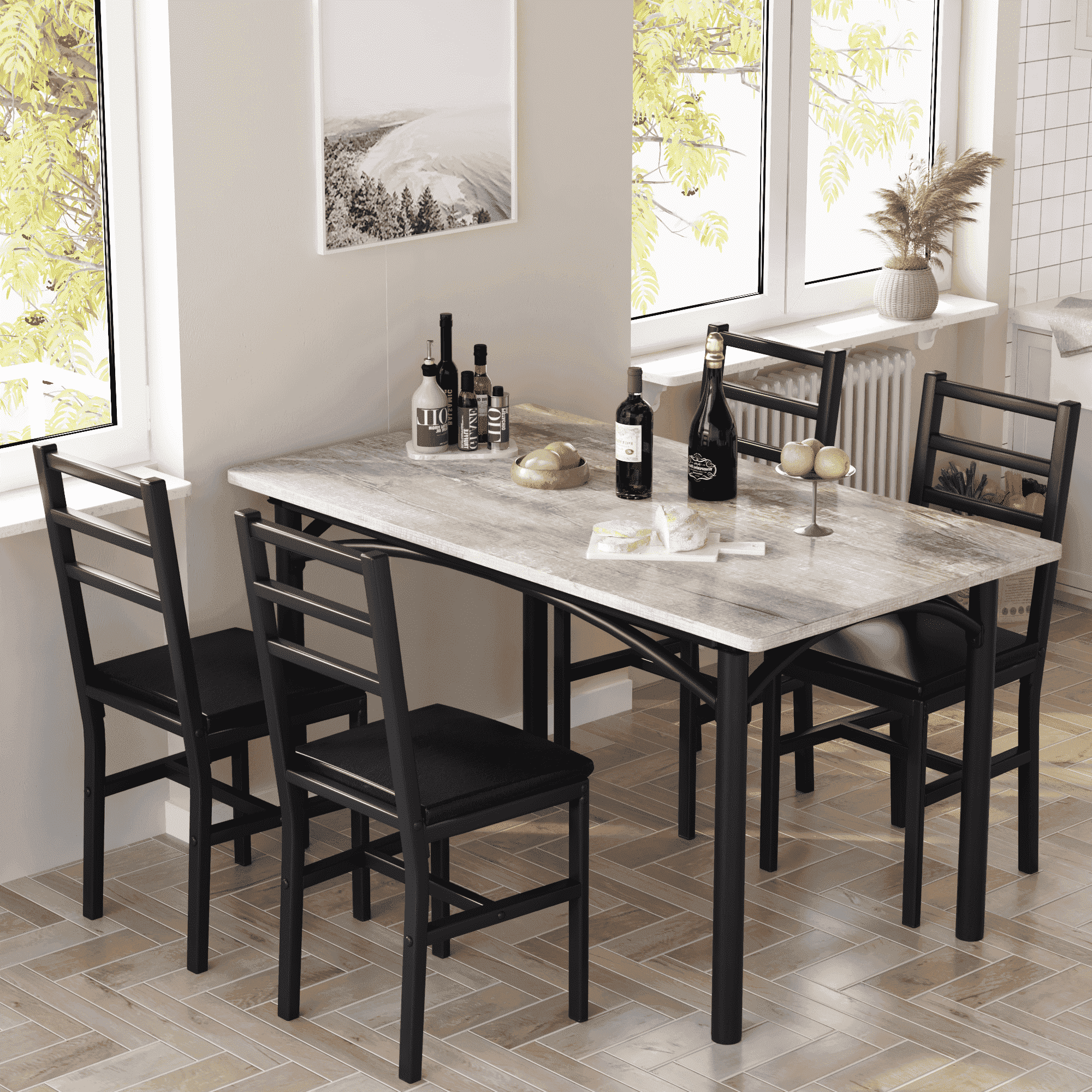 baxluxe 4-Person Dining Set, Farmhouse Kitchen Table and Chair Set, Solid Wood Dining Table with 4 PU Upholstered Chairs, Suitable for Kitchens, Apartments, Dining Rooms, Farmhouse Gray