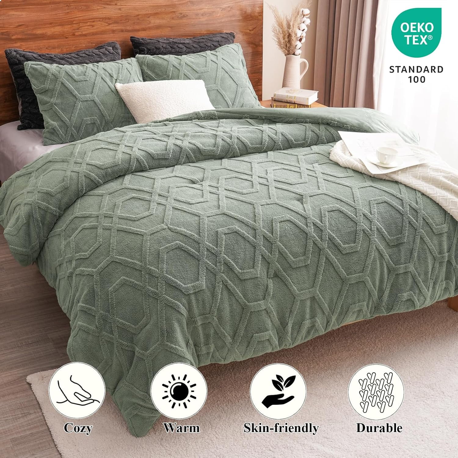 PHF Warm Sherpa Fleece Twin Comforter Set, 3D Tufted Fluffy Sage Green Bedding for Winter, Soft 2 Pieces Shaggy Bed Set, 1 Comforter (68"x90") and 1 Pillowcase (20"x26")