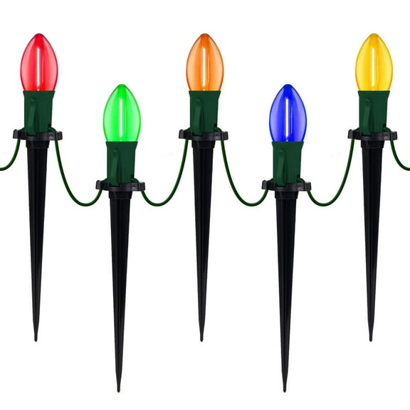 C9 LED Christmas Pathway Lights Outdoor 25Ft 25 LED C9 Multicolor Bulbs Christmas Pathway Stakes Light, Connectable Outdoor Walkway for Yard Patio Sidewalk Driveway Garden Lawn Decor