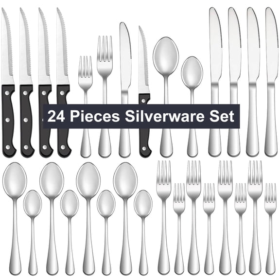 Bluebow 24-Piece Silverware Set with Steak Knives, Flatware Cutlery Set for 4, Food-Grade Stainless Steel Kitchen Tableware Set