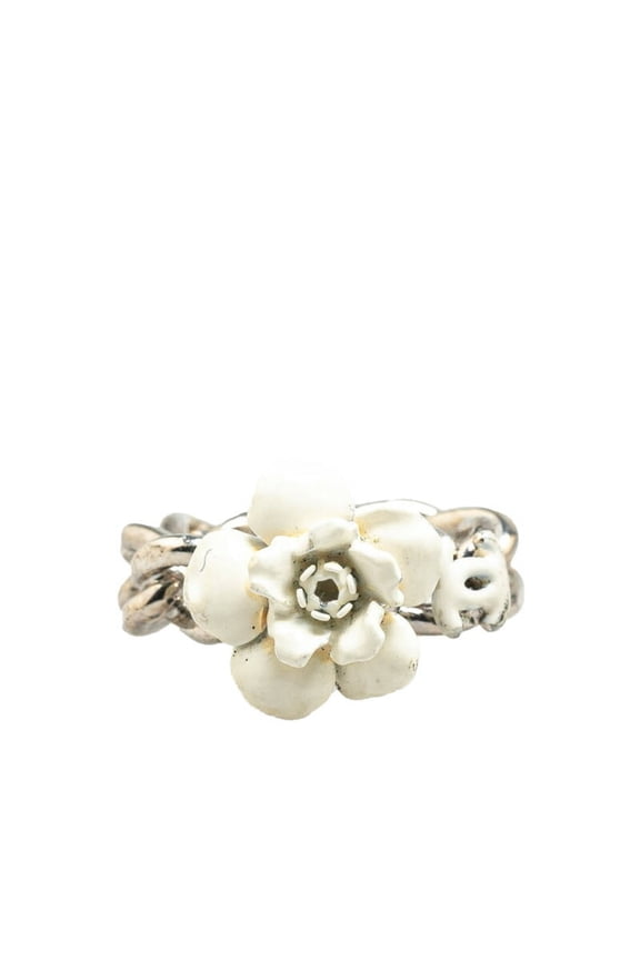 Pre-Owned Chanel Camellia Coco Mark Chain Ring, Silver, White Metal, Women's, CHANEL