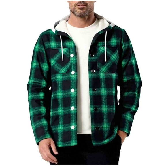 HAiming Fleece Lined Jacket for Men Plaid Button Drawstring Hooded Coats Long Sleeve Casual Warm Fashion Clothes