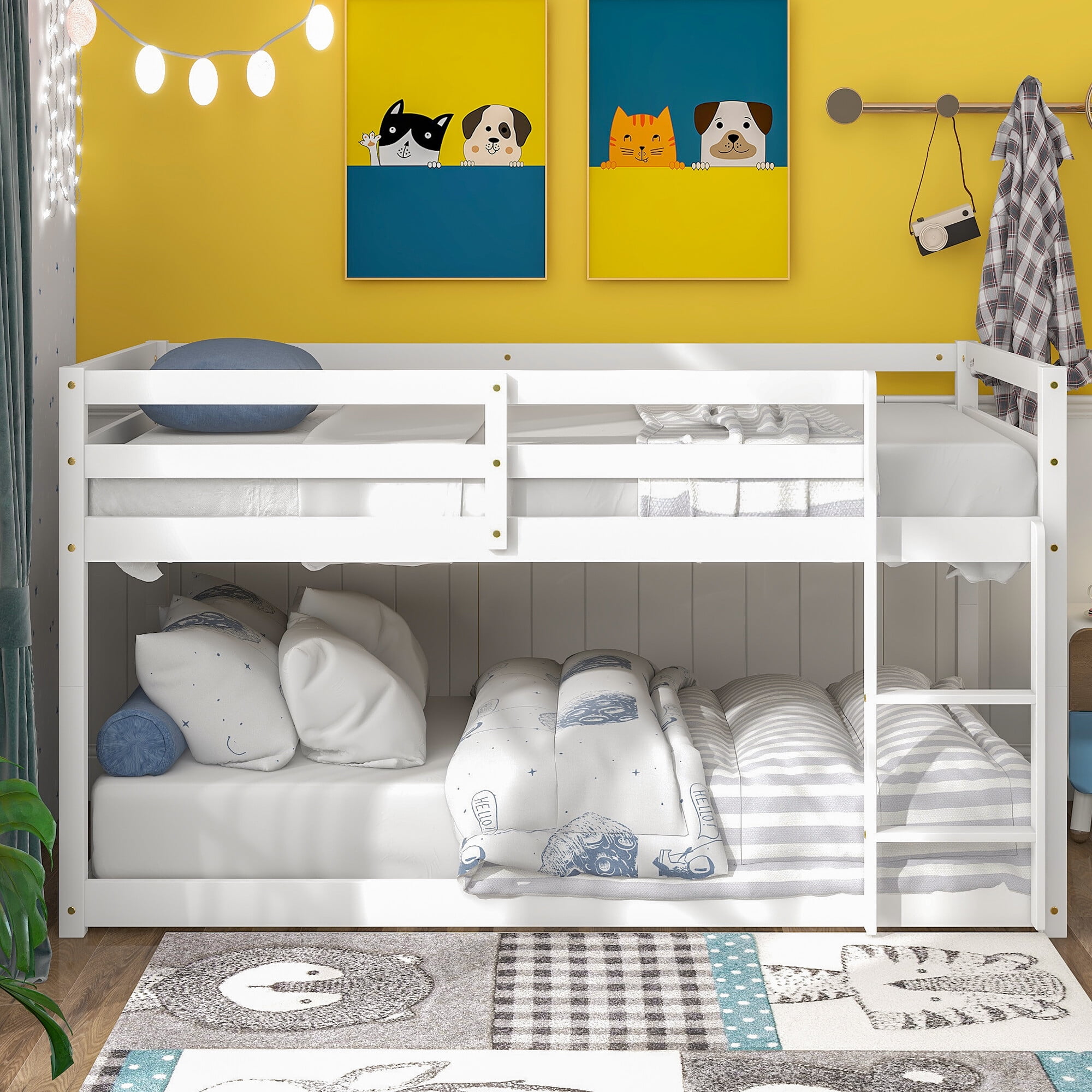 Low Twin over Twin Bunk Bed with Ladder, Toddlers Bunk Beds Frame, Wood Floor Bunk Bed for Boys