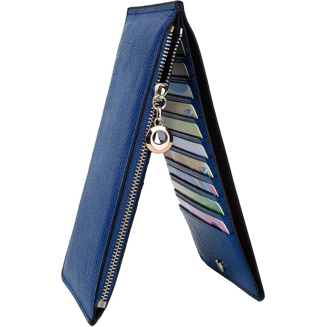 Cartera para mujer Tarjetero con bloqueo Rfid Organizador de tarjetas con cremallera Cuero genuino Azul suave oso de fresa
